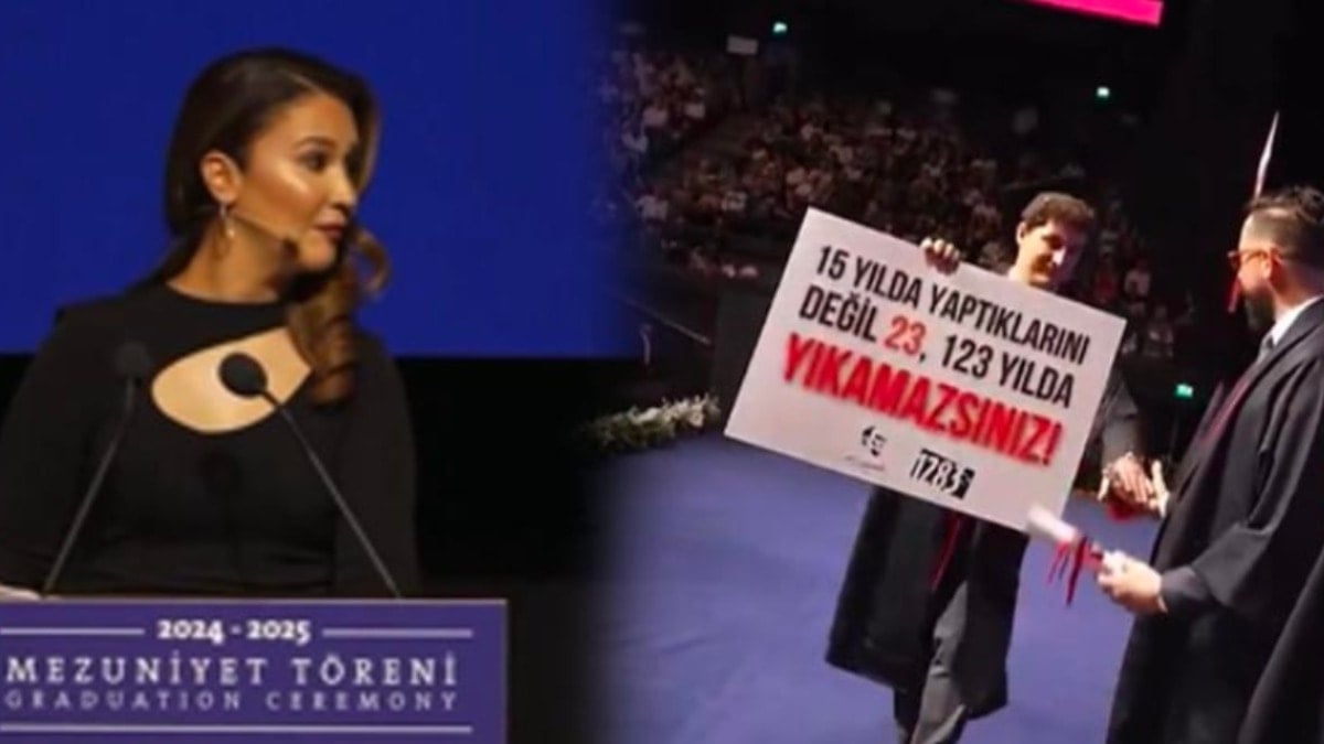 Boğaziçi’nden sonra şimdi de özel üniversitede… Açtığı pankart törene damga vurdu Boğaziçi’nden sonra şimdi de özel üniversitede… Açtığı pankart törene damga vurdu